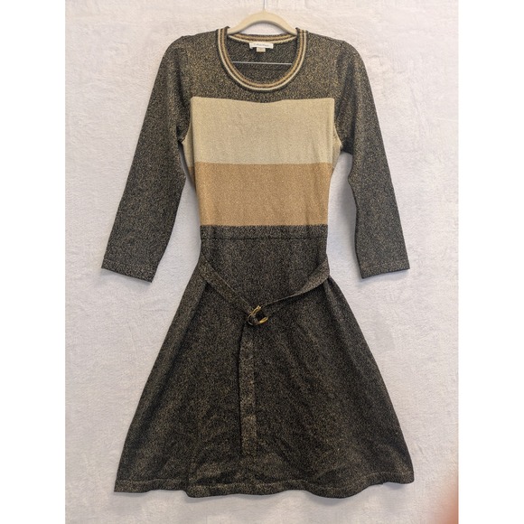 Calvin Klein Womens Dress Metallic Gold Black Belted Knit Career Party Size S - Picture 1 of 8